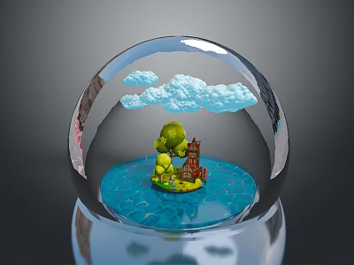 Crystal Ball Scene With Clouds Green Tree Small House And Blue Water 3d model