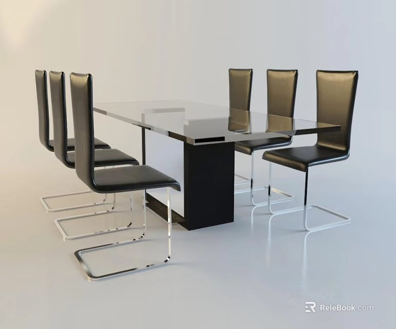 Contemporary Dining Table Set With Glass Top Black Leather Chairs And Metal Legs 3d model 