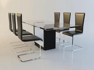 Contemporary Dining Table Set With Glass Top Black Leather Chairs And Metal Legs 3d model