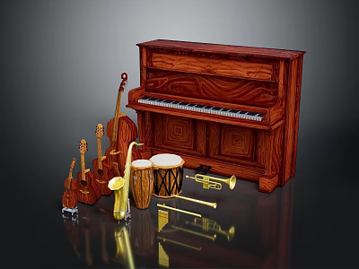 Collection Of Musical Equipment Featuring Mahogany Upright Piano Violins Guitars Saxophone Drum And Trumpet 3d model