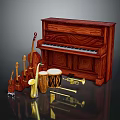 Collection Of Musical Equipment Featuring Mahogany Upright Piano Violins Guitars Saxophone Drum And Trumpet