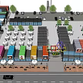 Colorful Container Commercial Street Featuring Outdoor Dining Tables Pedestrians Trees And Cars