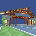 Traditional Wooden Entrance Gate With Sloped Roof Stone Walls And Illuminated Decorative Panels
