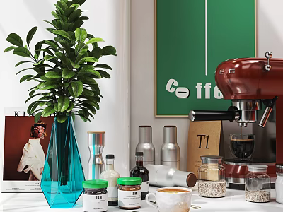 Red Coffee Machine Kitchen Appliance With Green Plant Coffee Poster And Supplies On Countertop 3d model