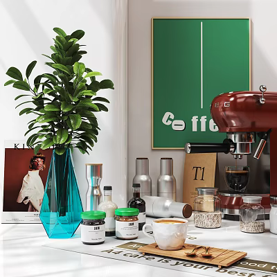 Red Coffee Machine Kitchen Appliance With Green Plant Coffee Poster And Supplies On Countertop 3d model