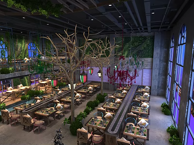 Hotpot Restaurant Interior Design Featuring Green Plants Tree Branch Decor And Stained Glass Windows 3d model