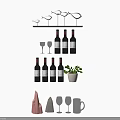 Wall Mounted Wine Rack with Wine Bottles Wine Glasses Decorative Birds and Various Glassware