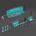 Exhibition Booth Setup With Stage Backdrop Tables Chairs And Signage Elements 3d model