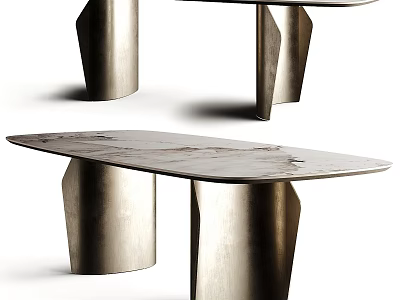Modern Luxury Irregular Marble Dining Table With Textured Brass Metal Legs For Elegant Home Interior 3d model