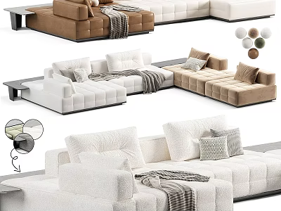 Modern White And Brown Modular Sofa Set With Soft Cushions And Decorative Blankets 3d model