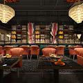 Modern Restaurant Interior With Orange Chairs Chandeliers And Wine Racks