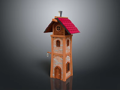 Charming Scenic Tower with Red Roof Wooden Structure and Stone Wall Windows 3d model