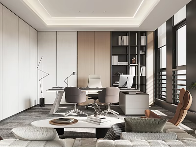 Modern Office Open Layout With Desk Computer Bookshelf Sofa And Floor to Ceiling Windows 3d model
