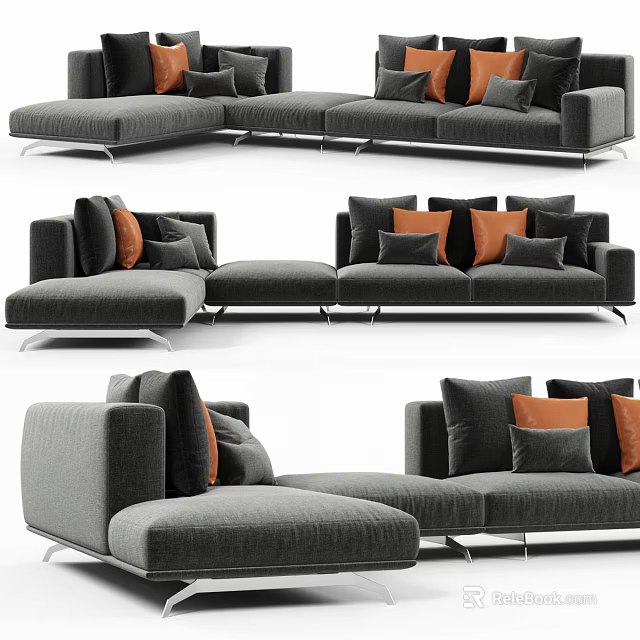 Modern Grey Sectional Sofa With Orange Accent Pillows And Modular Design 3d model