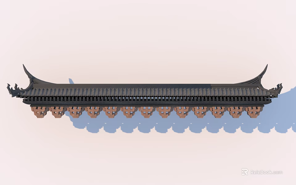Traditional Building Exterior Wall With Black Eaves And Brown Decorative Brackets 3d model 