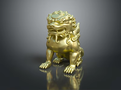 Decorative Golden Traditional Chinese Lion Statue With Ornate Details And Shiny Surface 3d model