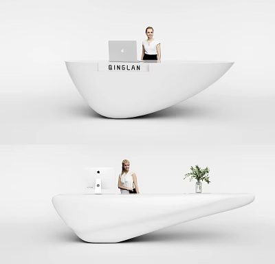 Modern White Reception Desk Interior With Sleek Curved Design Laptop And Green Plant 3d model