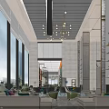 Spacious Modern Lobby Interior With Large Windows Chandelier Green Armchairs Sofas And Bookshelves