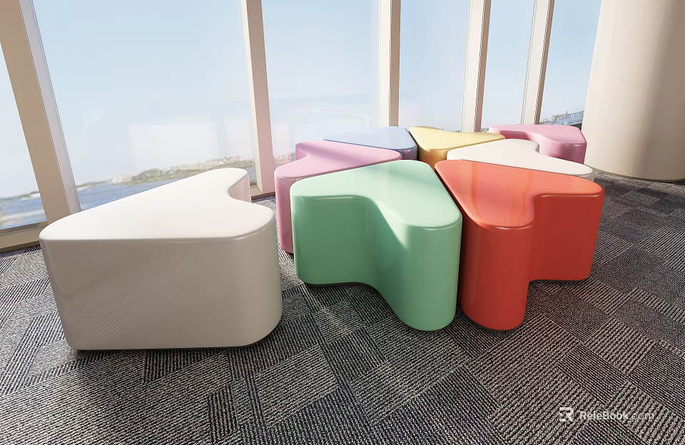 Colorful Modern Stools With Unique Shapes Near Large Windows In Bright Indoor Space 3d model 