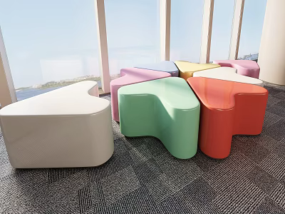 Colorful Modern Stools With Unique Shapes Near Large Windows In Bright Indoor Space 3d model