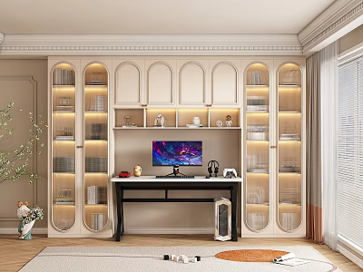 Luxury Modern Bookcase with Built-in Lighting Desk Decorative Items and Window View 3d model
