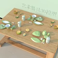 Artistic Tableware Set 3D Model With Green Yellow Pieces On Wooden Table 3d model