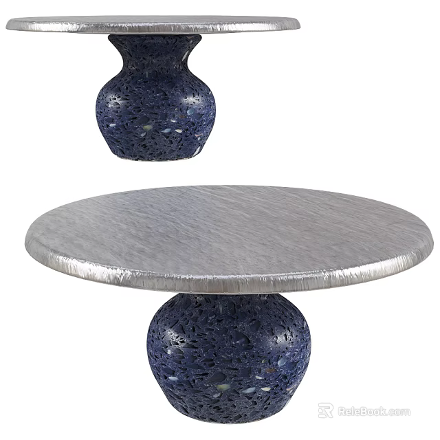Modern Round Dining Table With Silver Textured Top And Blue Patterned Base 3d model