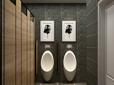 Public Restroom Interior With White Urinals Dark Tiled Walls Artwork And Wooden Stalls 3d model