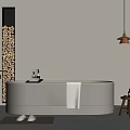 Modern Bathroom Interior With White Bathtub Vertical Wood Log Wall And Pendant Light