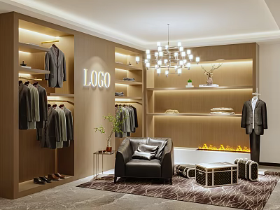 Elegant Modern Clothing Store Interior With Wooden Shelves Hanging Suits Chandelier Sofa And Rug 3d model
