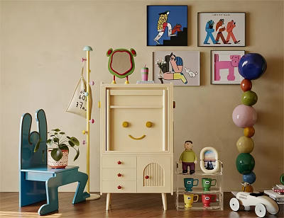 Colorful Kids Room Interior With Blue Rocking Chair Smiley Cabinet Colorful Beads And Decorative Paintings 3d model