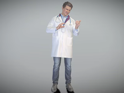 Man In White Lab Coat With Stethoscope Gesturing And Explaining Medical Concept Against Gray Background 3d model