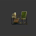 Vintage Computer Setup With Retro Green Screen Monitor Keyboard Wooden Stand And Stacked Books