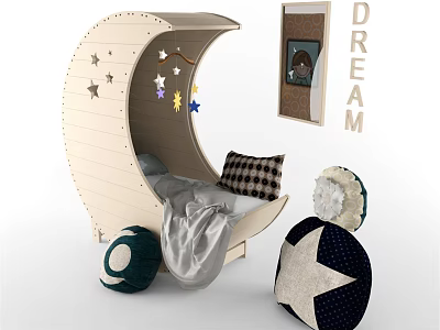 Moon Shaped Baby Crib With Star Decorations Pillows DREAM Lettering And Photo Frame 3d model