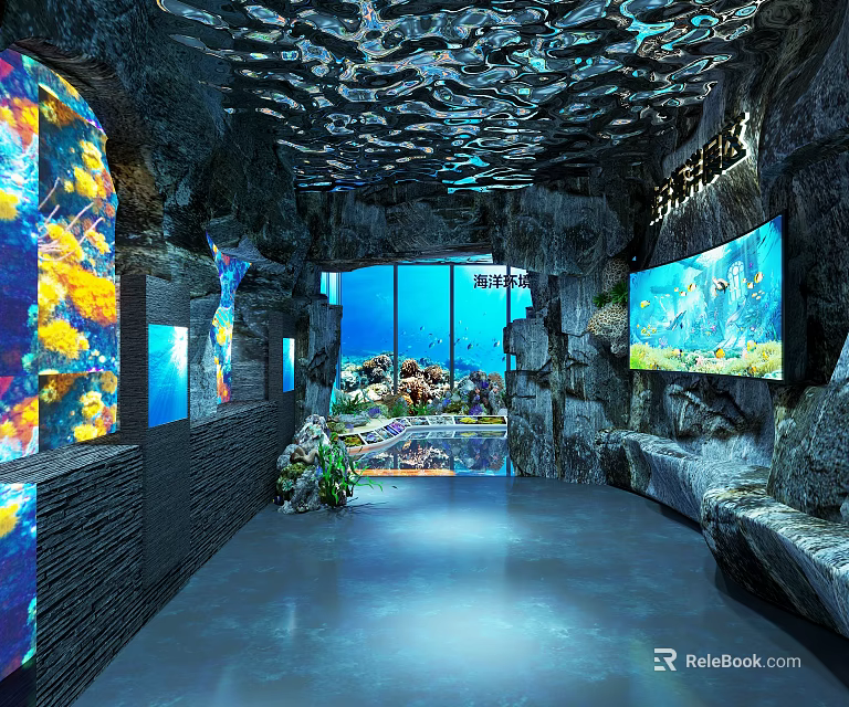 Underwater Oceanarium Tunnel With Colorful Fish Coral Large Aquarium Tanks Rock Decorations And Soft Lighting 3d model 