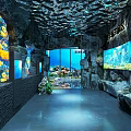 Underwater Oceanarium Tunnel With Colorful Fish Coral Large Aquarium Tanks Rock Decorations And Soft Lighting