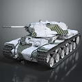 Military Tank With White And Green Camouflage Paint Gun Barrel Tracks And Reflective Surface