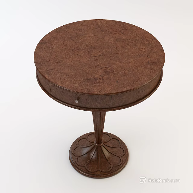Round Dark Brown Wooden Side Table With Textured Surface Drawer And Carved Base 3d model 