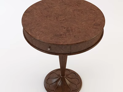 Round Dark Brown Wooden Side Table With Textured Surface Drawer And Carved Base 3d model