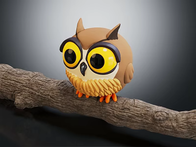 Cute Flying Owl With Big Yellow Eyes Sitting On Tree Branch 3d model