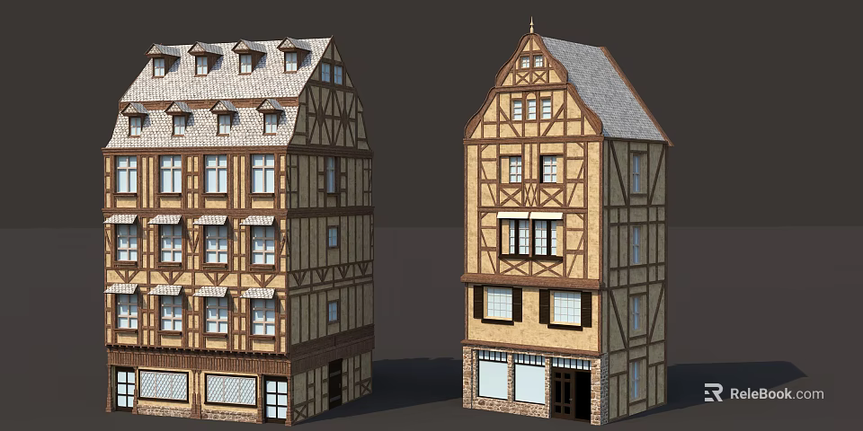 Traditional Timber Framed Buildings With Gabled Roofs And Classic Facade Design 3d model 