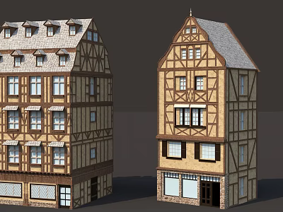 Traditional Timber Framed Buildings With Gabled Roofs And Classic Facade Design 3d model