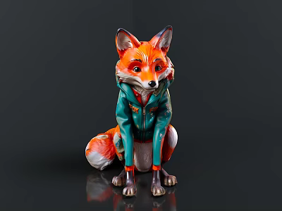 Detailed Fox Sculpture Wearing Green Jacket With Realistic Fur And Ears 3d model