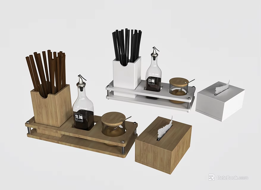 Wooden And White Condiment Bottle Holders With Chopsticks And Storage Containers 3d model 
