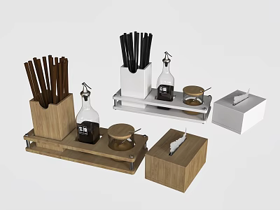 Wooden And White Condiment Bottle Holders With Chopsticks And Storage Containers 3d model