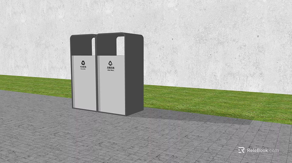 Modern Trash Bins Placed On Gray Pavement With White Wall And Green Grass 3d model 