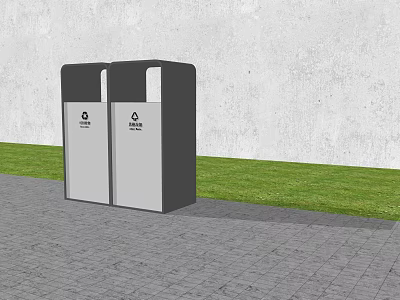 Modern Trash Bins Placed On Gray Pavement With White Wall And Green Grass 3d model