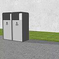 Modern Trash Bins Placed On Gray Pavement With White Wall And Green Grass