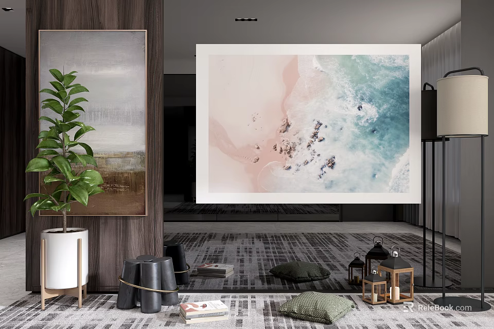 Modern Living Room Decorative Ornament Set With Abstract Painting Green Plant And Gray Striped Rug 3d model 