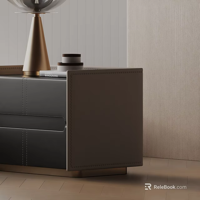 Modern Black Leather Nightstand With Stitched Details Gold Accents And Decor On Top 3d model 